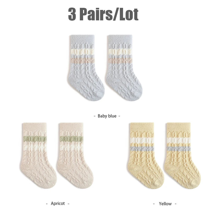 3/5 Pairs Winter Warm Baby Mid Tube Socks Soft Thickned Striped Newborn Socks Toddler Socks For Boys And Girls