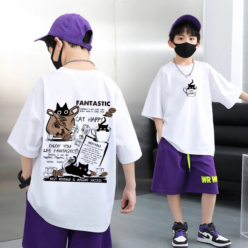 100% Cotton Boys T-shirt Summer Streetwear Cool Graffiti Print Girls Tees Short Sleeve Children Tops High Quality Kids Clothes