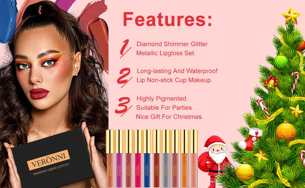 10 Colour Diamond Shimmer Lip Gloss Set,Glitter Shimmer Makeup Long Lasting lipsticks Makeup, Smudge Proof Lip Glaze Valentine's