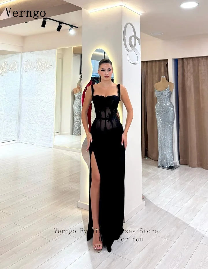 VerngoBlack Chiffon Elegant Evening Dress Spaghetti Straps Mermaid Side Slit Party Dress Sexy Arabia Prom Gown Customized