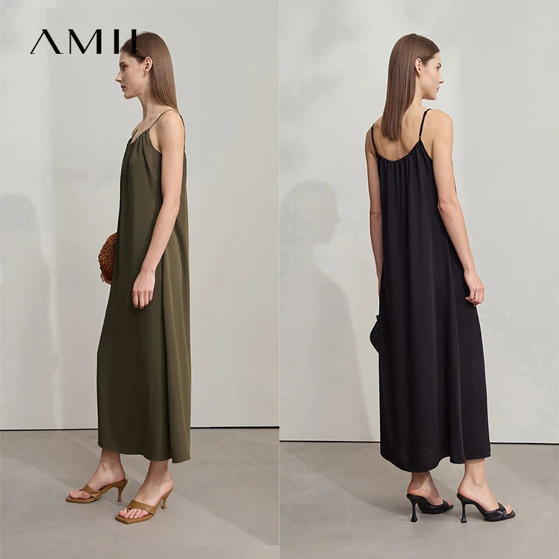 AMII Minimalist Office Lady Dress Women 2025 Summer Female Sleeveless U-neck Solid Adjustable Shoulder Strap Dresses 12542192