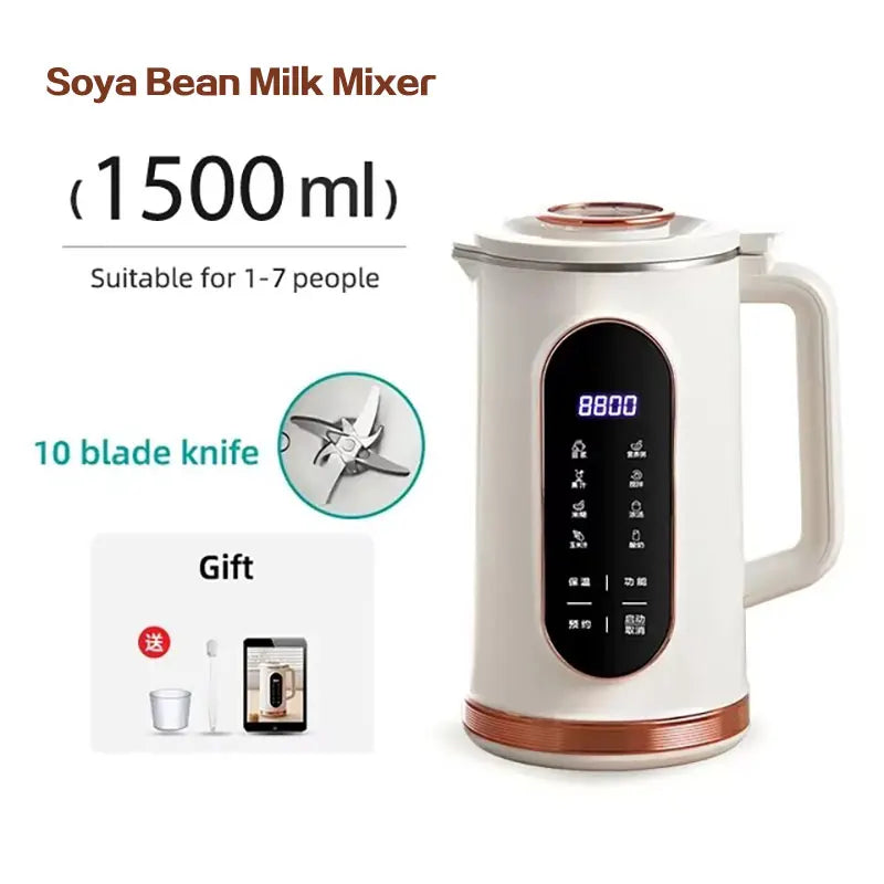 1500ml Multi-Function Electric Soy Milk Maker with Large Touchscreen Display, 10-Blade Mixer, Blender, and Nut Milk Maker
