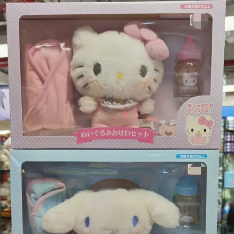 2025 Sanrios Baby Pacifier Bottle Plush Set  Kuromi Hellokitty Cinnamoroll My Melody Baby Dress Up Suit Gifts Christmas Gifts