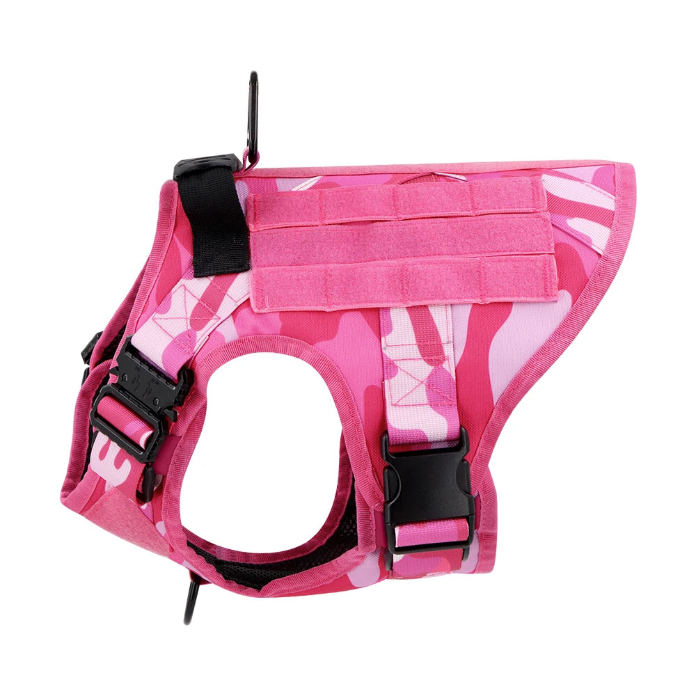 Tactical Pink Dog Harness Leash Set for Medium to Large Dog Adjustable Chest Strap Heavy-Duty Nylon for Outdoor Training Walking
