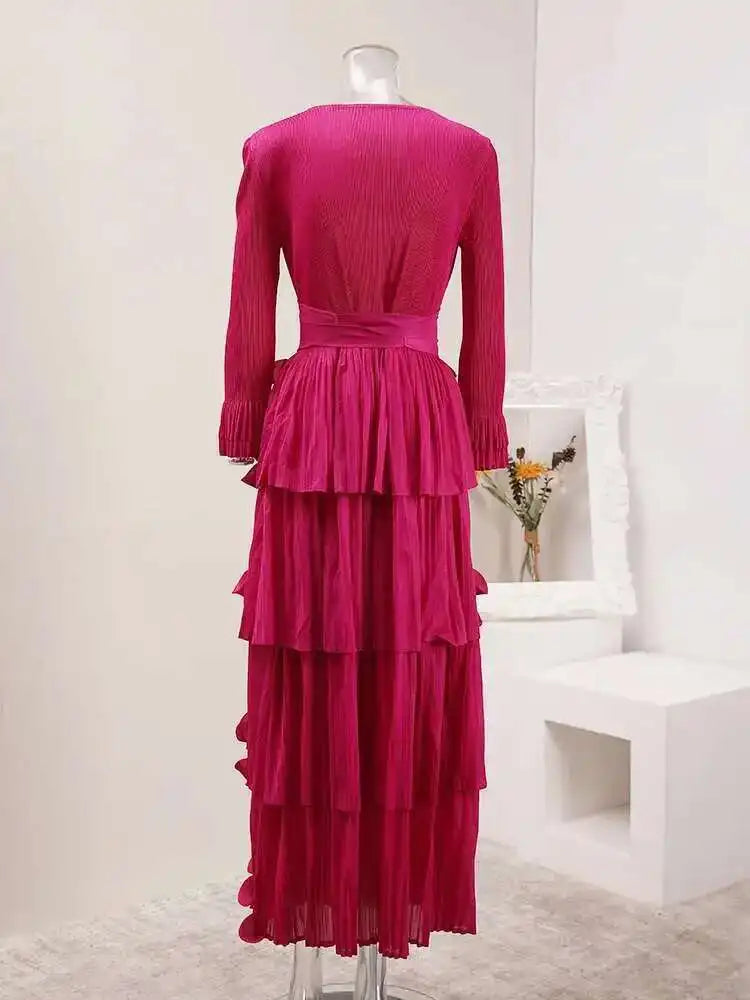 LANMREM Pleated Appliques Long Dresses For Women Round Collar Lace-up Full Sleeve Evening Party New 2025 Lady Dress 32S1173