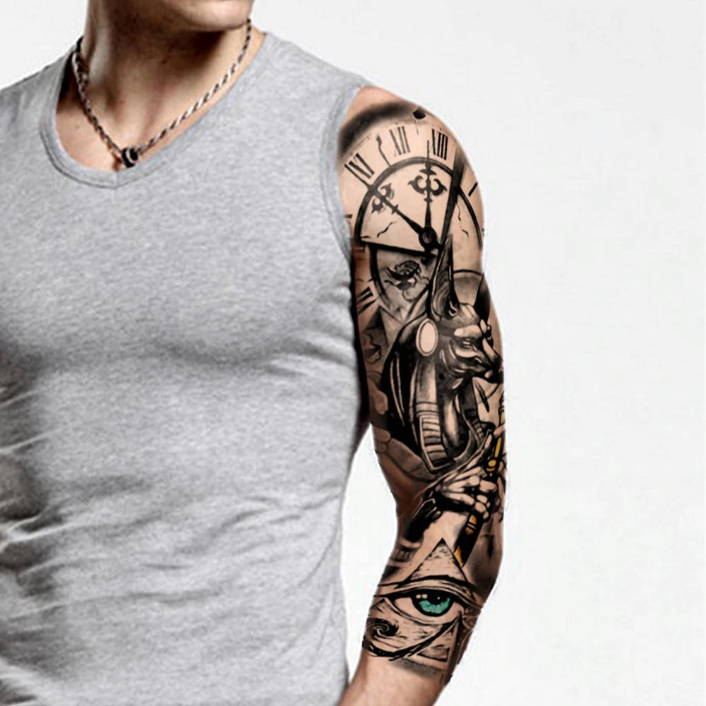 Large Full Arm Sleeve Waterproof Temporary Tattoo Sticker Anubis Ancient Egypt Greece Zeus Eye  Fake Tatoo Body Art Men Women