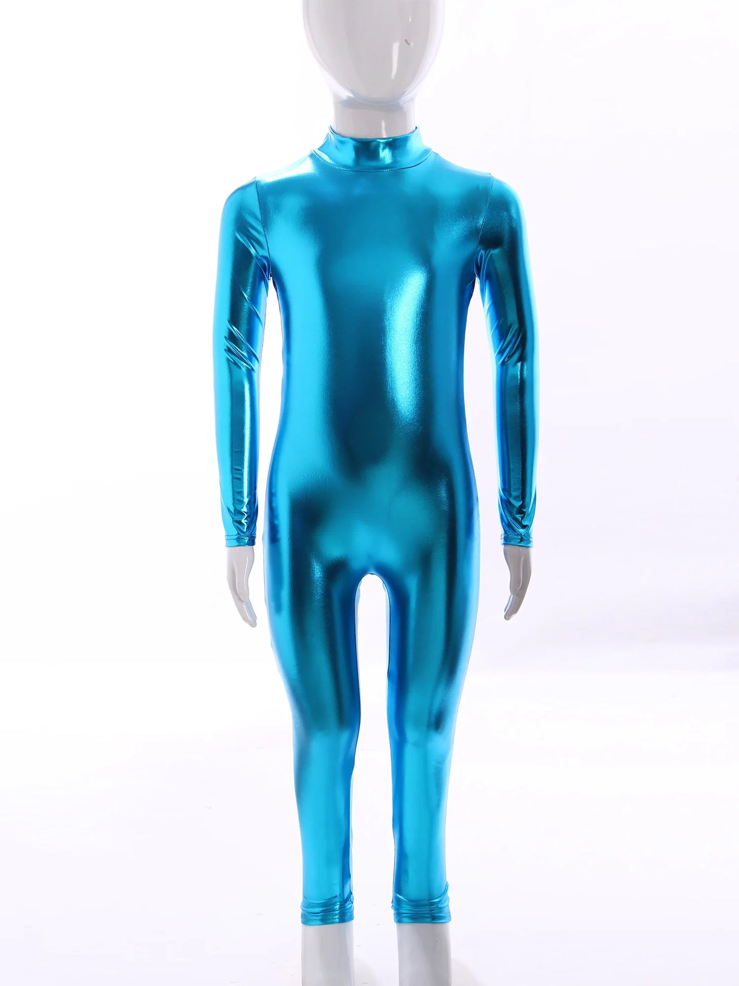 Kids Boys Girls Dance Metallic Jumpsuit Children's Gymnastics Bodysuit Performance Costume Long Sleeve Full Length Leotard