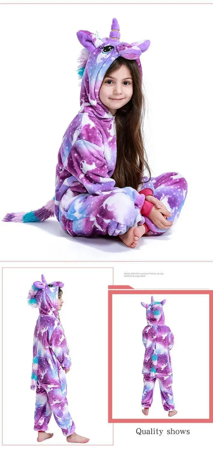 4 6 8 10 12 Years Girls Black Cat Jumpsuits Unicorn Pajamas Kigurumi Toddler Kids Hooded Flannel Home Wear Children Onesie
