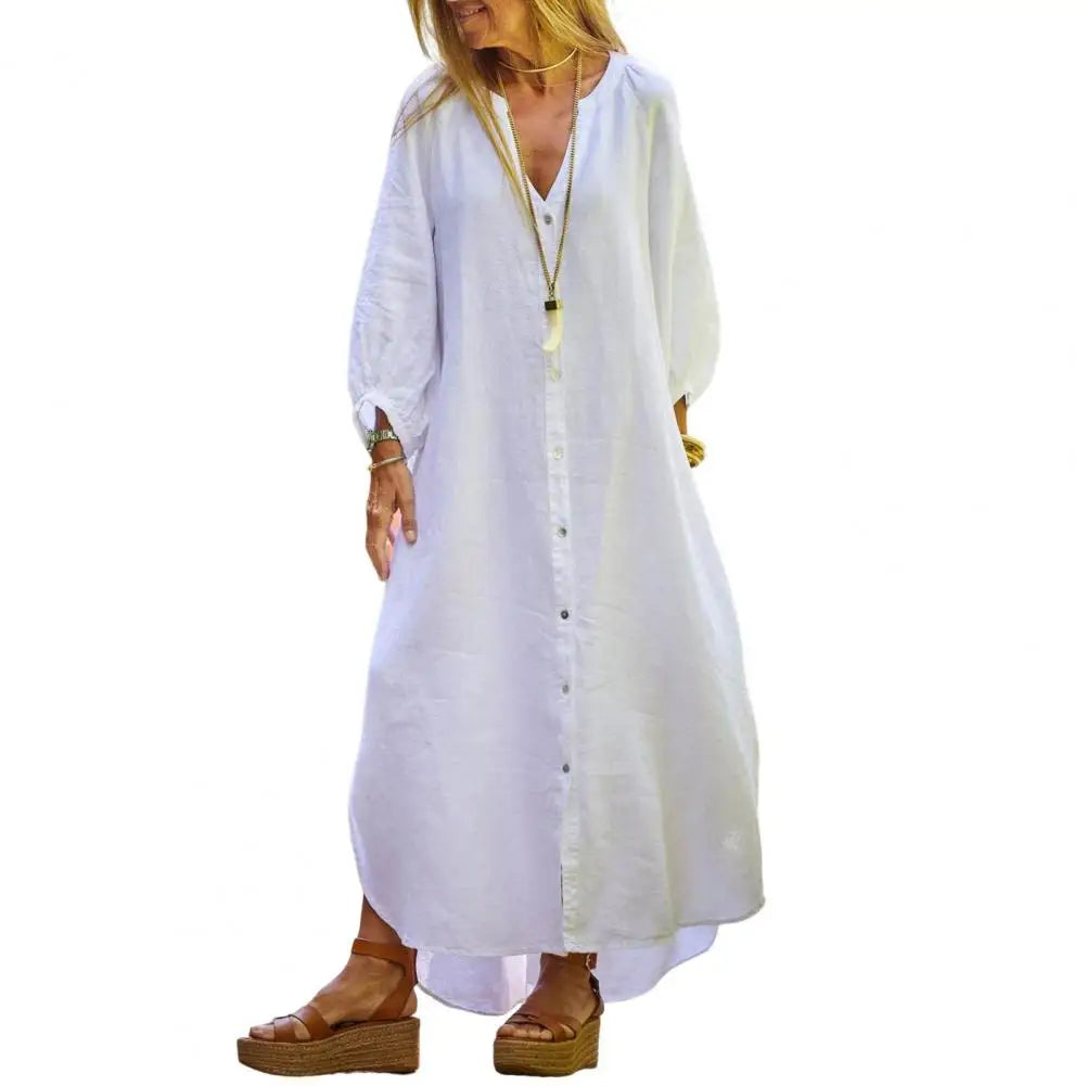 Spring Autumn Women Long Dress Loose Button-down 3/4 Sleeves Maxi Dress Pure Color V Neck Cardigan Casual Dress For Daily Wear