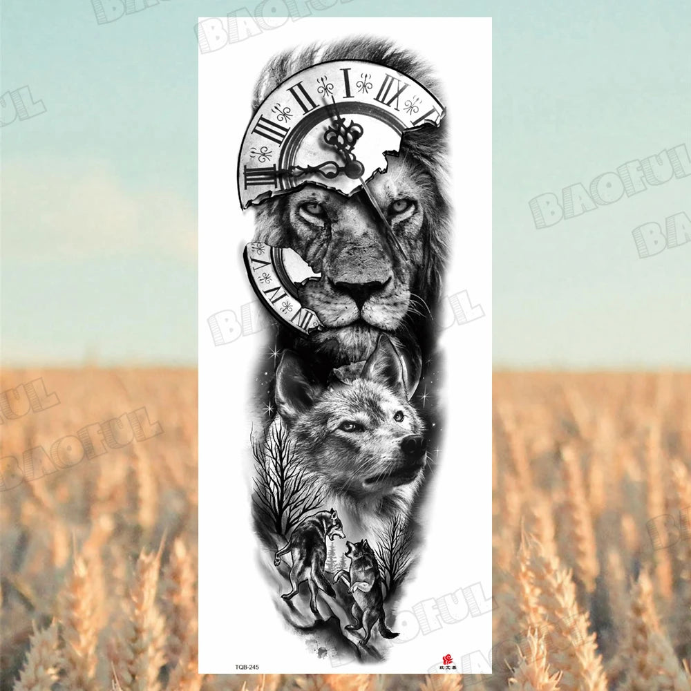 BAOFUL Full Arm Sleeve Temporary Tattoos For Women Men Realistic Wolf Lion Warrior Maori Fake Tattoo Stickers Thigh Leg Tatoos