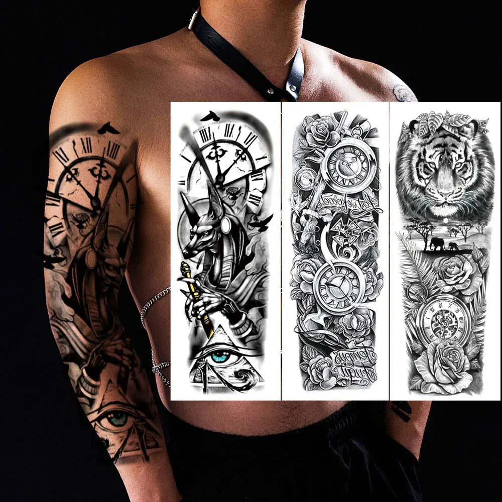 Waterproof Temporary Tattoo Stickers Clock Eye Large Arm Tattoo for Men Women Tiger Animal Fake Tatoo Sleeve