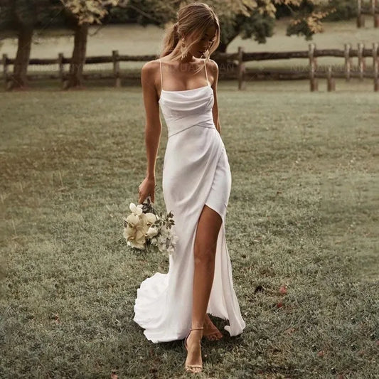 Simple Sexy Wedding Dresses Boho Bridal Dress High Slit Straps Backless Bohemian Bride Gowns Vestidos De Noiva Customized