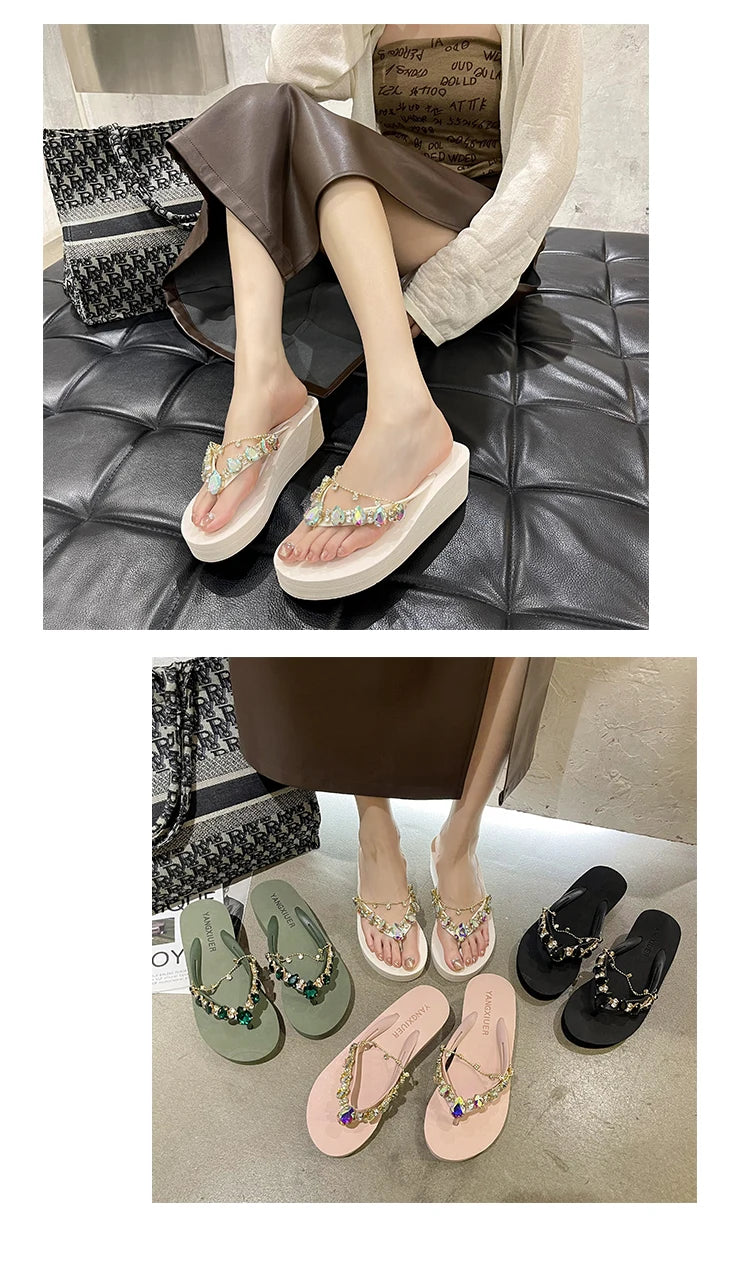 Rhinestone Chain Summer Flip Flops Sandals Women Comfortable Beach Shoes Non-slip Soft Bottom Casual 5cm Heels Wedges Slippers