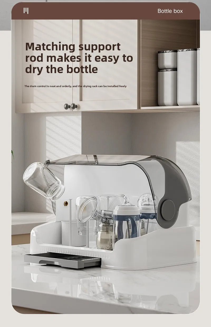 New Baby Bottle Drying Rack & Bottle Organizer Dustproof Storage Container with Removable Drip Tray, Hygienic Feeding Accessorie