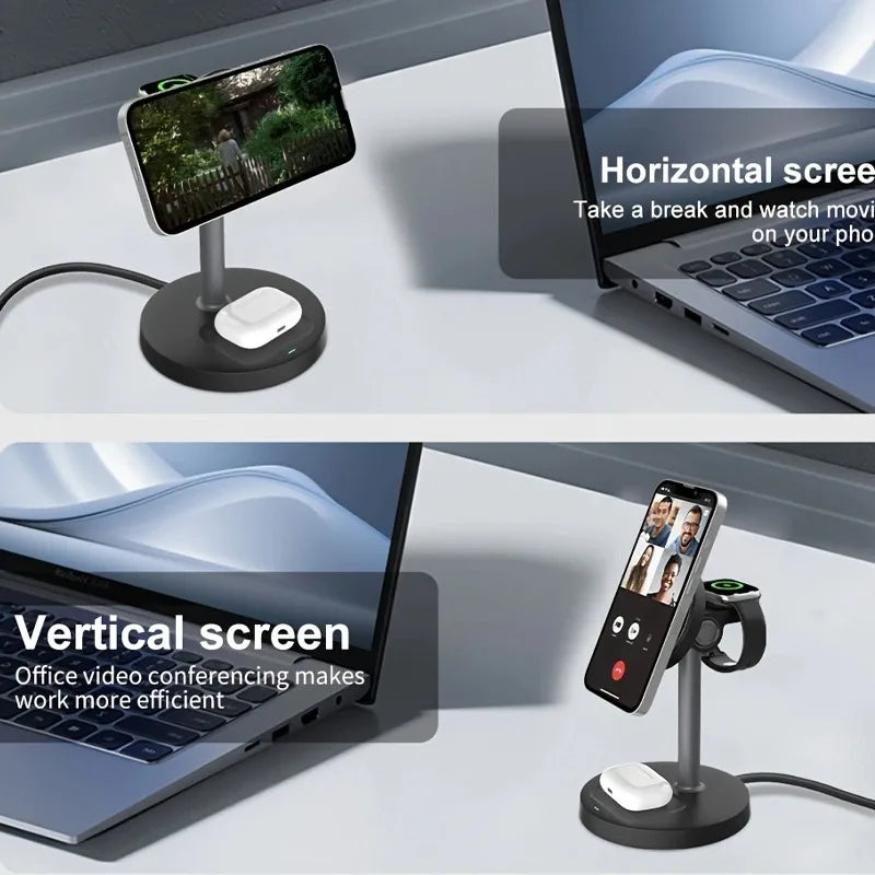 3 In 1 Magnetic Wireless Charger Adjustable Stand For iPhone 16 15 14 13 Pro Max iWatch 10 9 8 AirPods Pro Fast Charging Station
