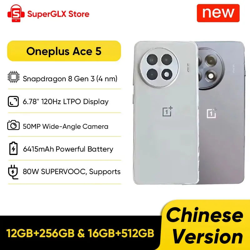Oneplus Ace 5 Unlocked 5G Smartphone Snapdragon 8 Gen 3 6.78" AMOLED 120Hz Display 6415mAh 80W Charger 50MP Camera Android 15.0