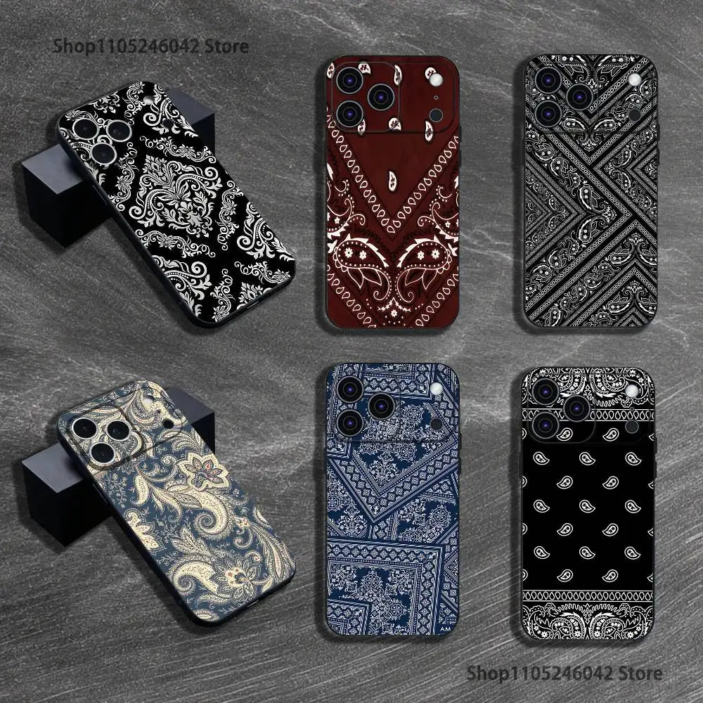 Bandana Pattern Phone Case For iPhone 17,16,15,14,13,12,11,Pro,XS,Max,XR,Plus,E,SE4,Mini Black Soft Cover