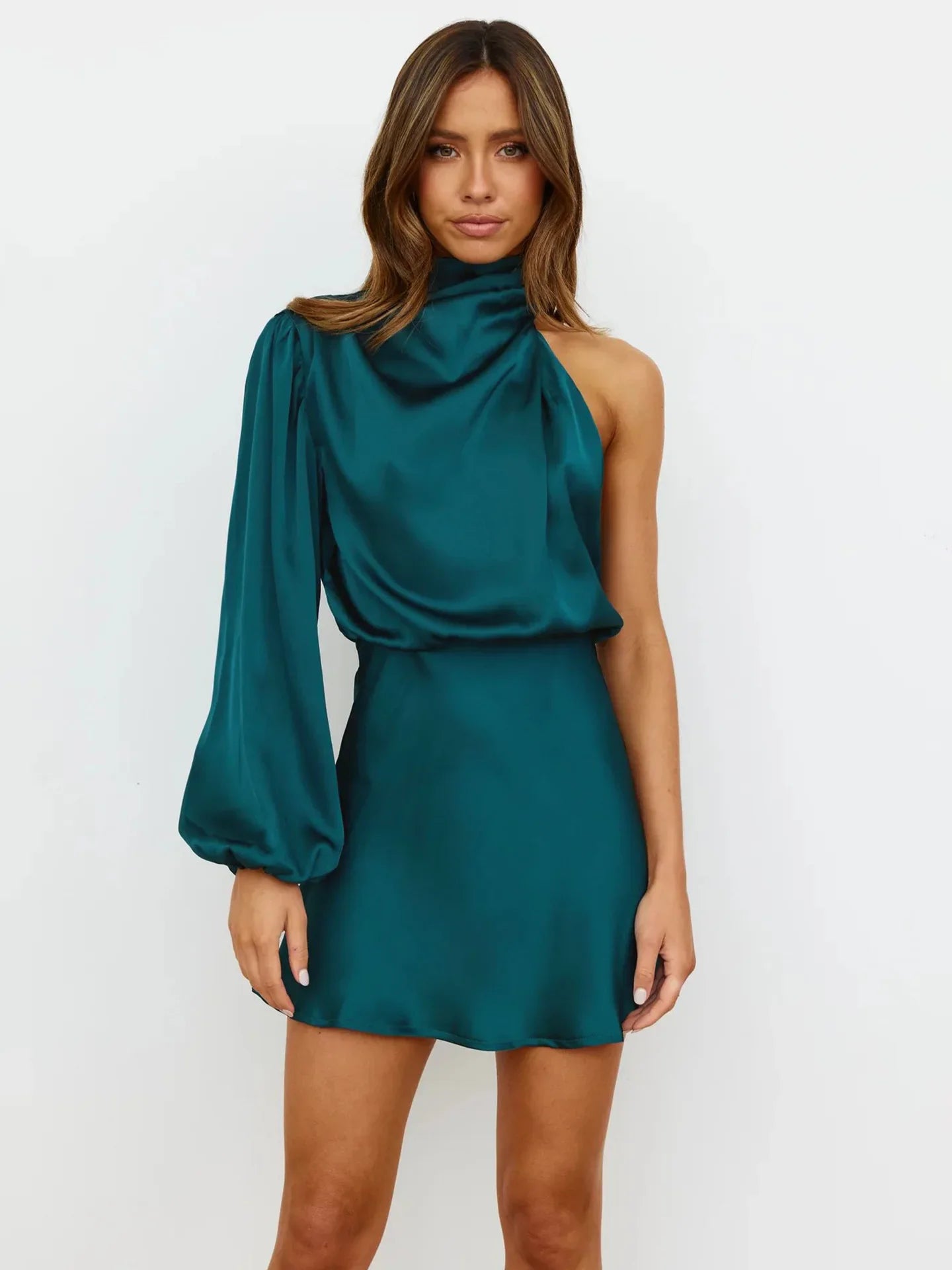 Silk Satin Long Sleeve Mini Skirt Spring 2024 Women's Single Shoulder Cocktail Dress round Neck Short Skirt Fashionable Ladies'