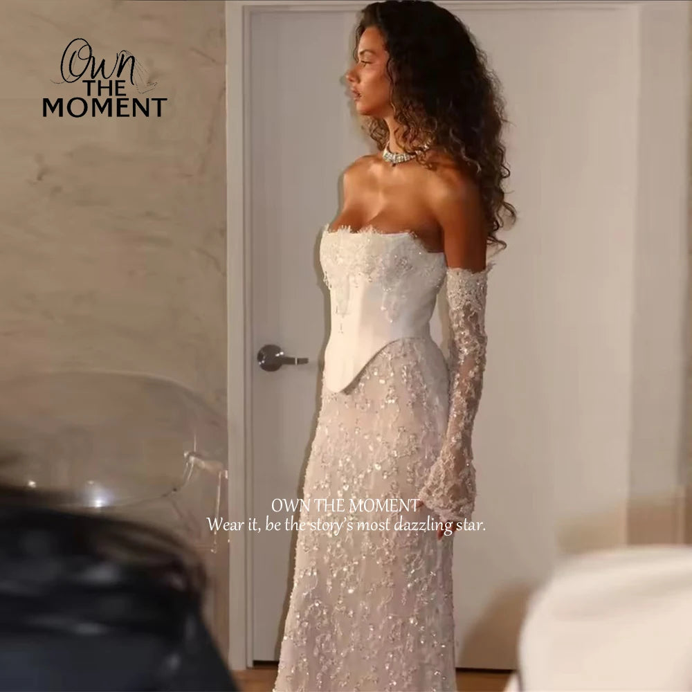 OTM White Strapless Wedding Dress Detachable Sleeves Back Zip Bridal Gown 2025 Mermaid Floor-Length Wedding Gown Customized