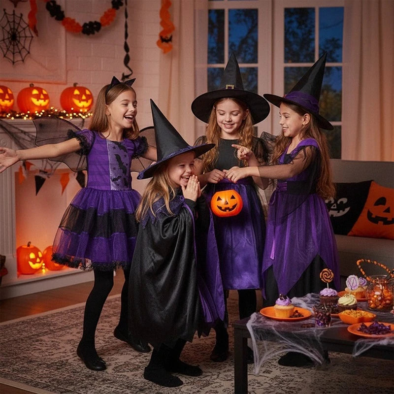5 Styles Halloween Costume for Kids Girls Purple Bat Dress Halloween Fantasy Vampire Costume with Hat Broom Pumpkin Belt Set