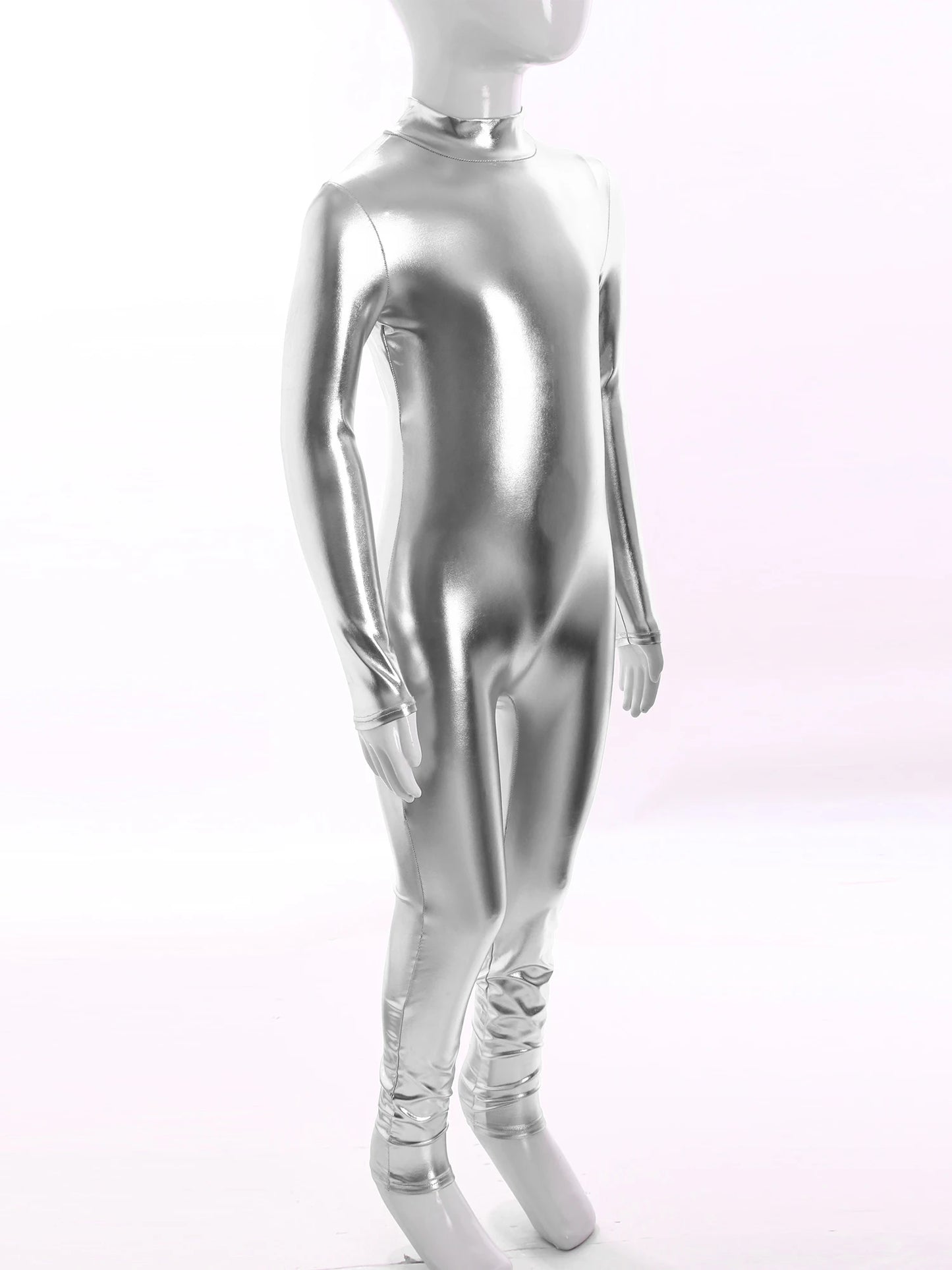 Kids Boys Girls Dance Metallic Jumpsuit Children's Gymnastics Bodysuit Performance Costume Long Sleeve Full Length Leotard