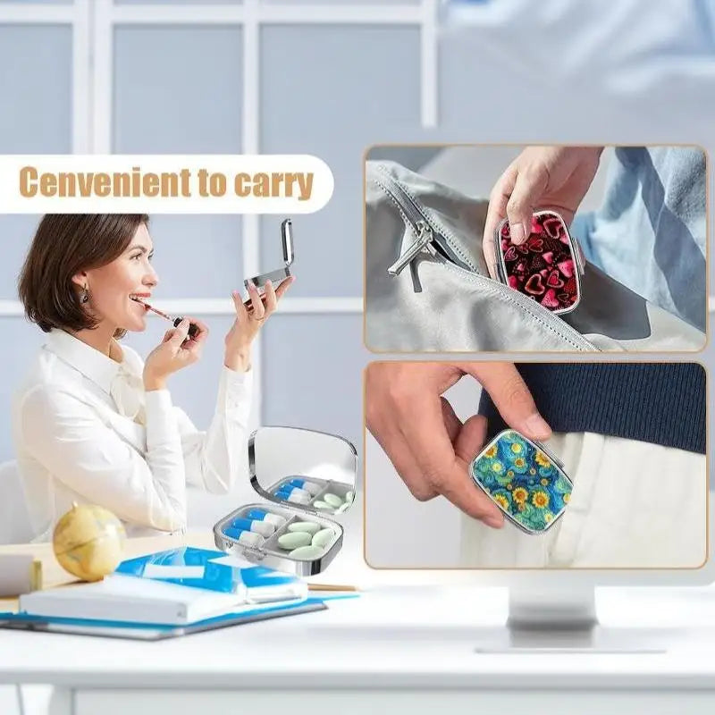 【WA】LUCKY TUNA Sardines Print Metal Pill Box, Portable 2-Compartment Travel Pill Organizer For Vitamins & Pills
