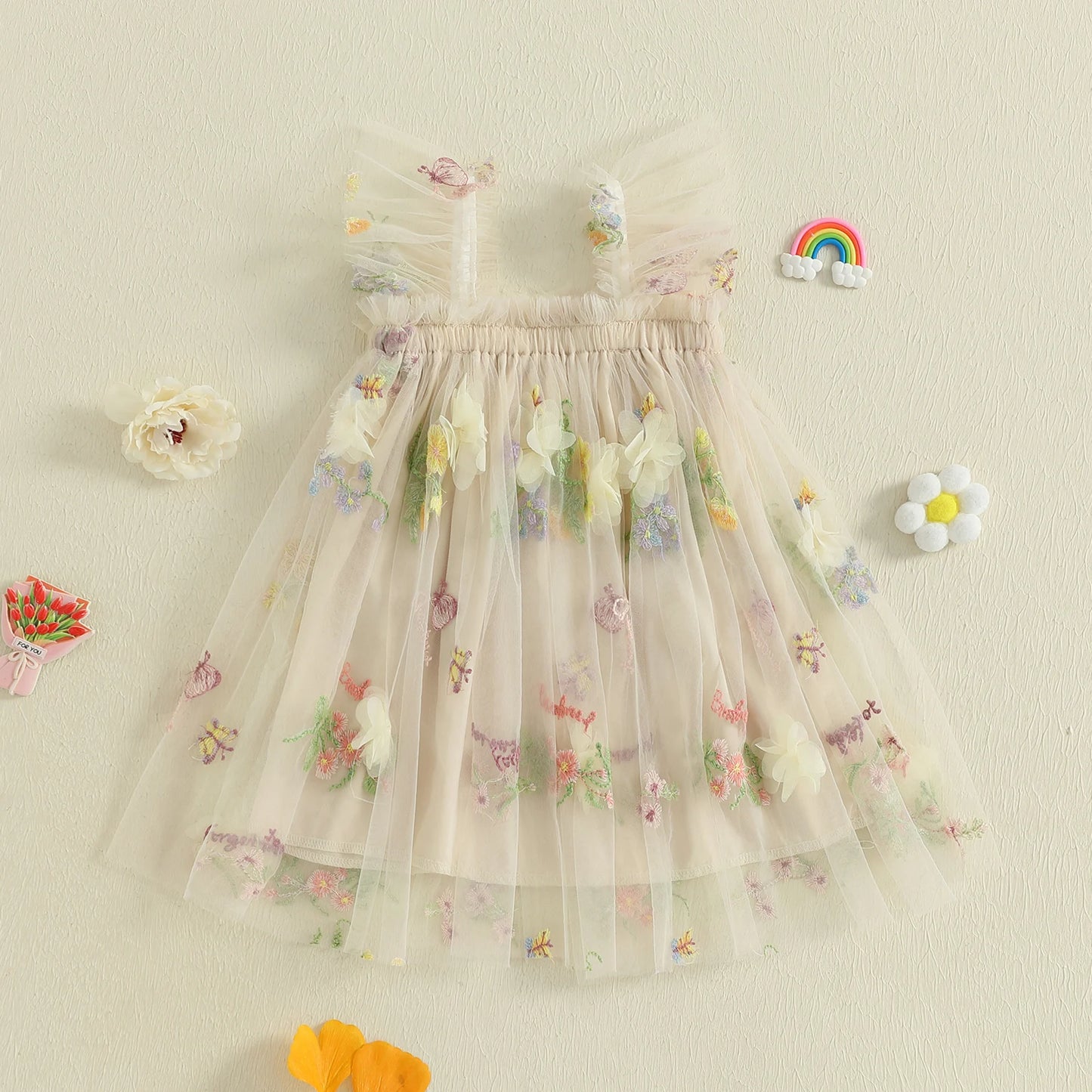 Baby Girl Square Neck Floral Embroidery Lovely Dress Kid Princess Lovely Dress Ruffle Sleeveless Toddler Party Dress Clothes