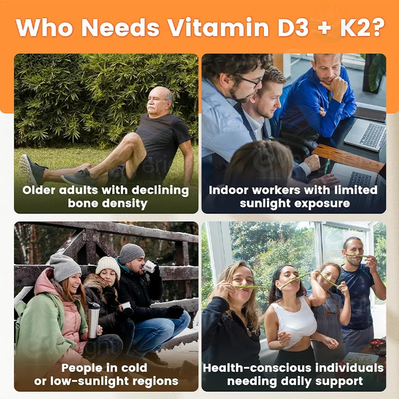 Vitamins D3 + K2 Organic Supplements High Bioavailability - Supports Bone Density, Calcium Balance, Immunity & Mood Health