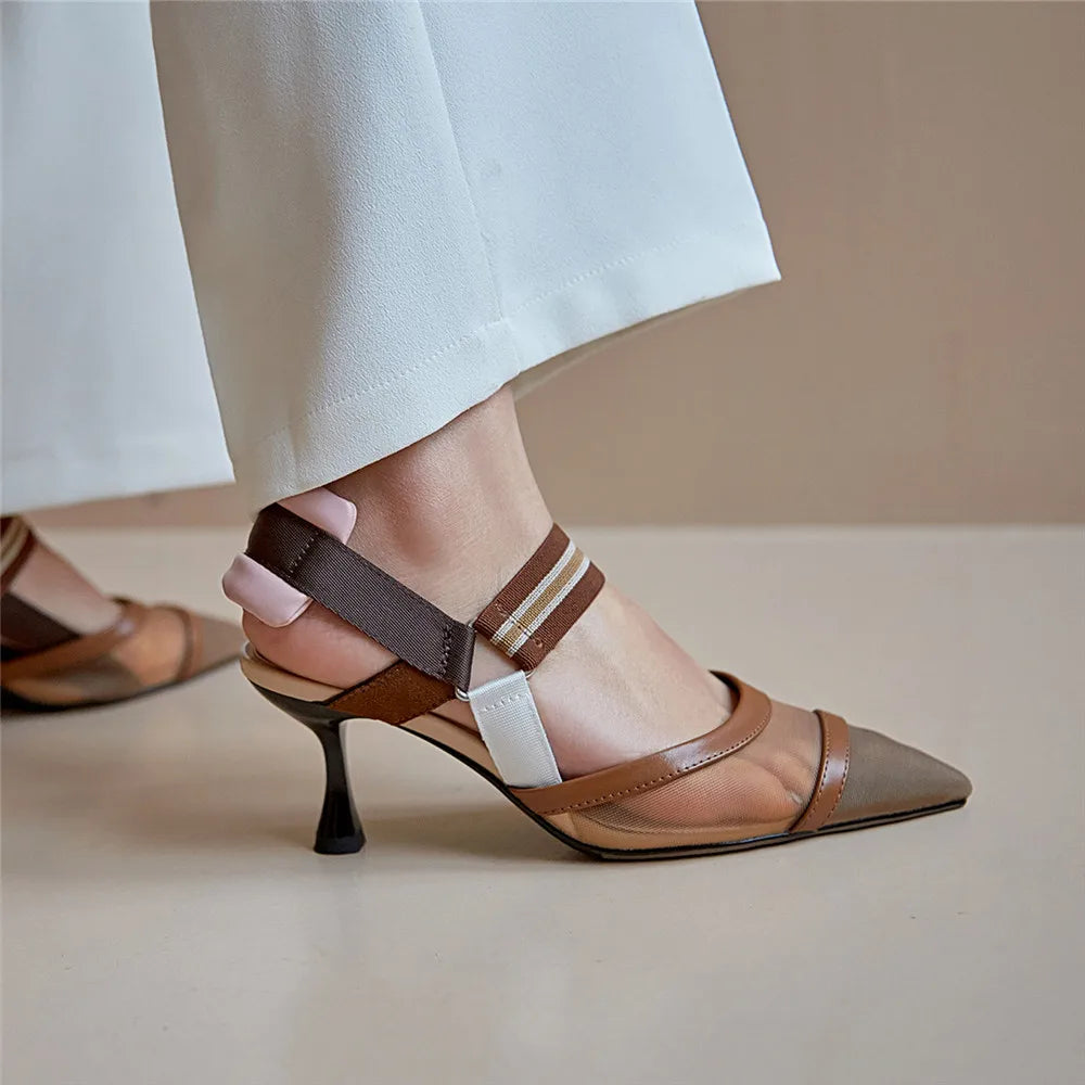 Aucegi Pointy Toe Thin High Heel Slingback Sandals Women Brand Design Elegant Genuine Leather Splicing Mesh Party Dress Shoes