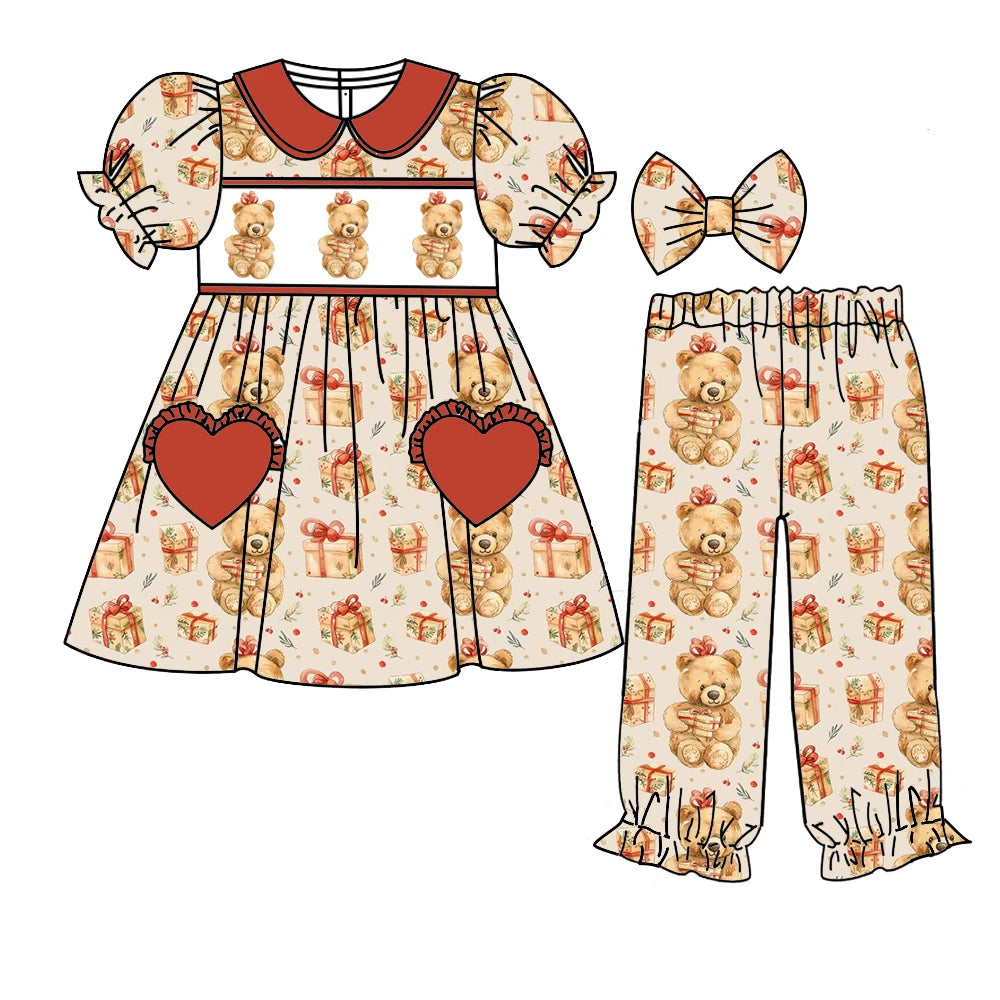 New Kids Halloween Ghost Pumpkin Outfit Girls Puff Sleeve Dress Boys Button Collar Shirt Ruffle Pants Christmas Bear Set