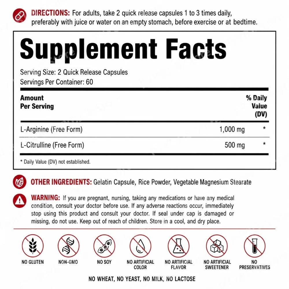 Amino Acid Supplement with 1000mg L-Arginine and 500mg L-Citrulline 120Count Support Healthy Living & Provide Physical Energy
