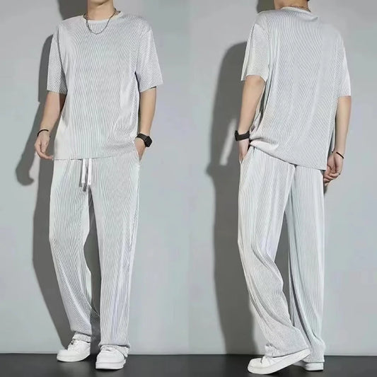 Men's Wrinkled Ice Silk Sports Set 2024 Summer New Short sleeved Long Pants Two piece Set Fashionable, Breathable, and Cool 3