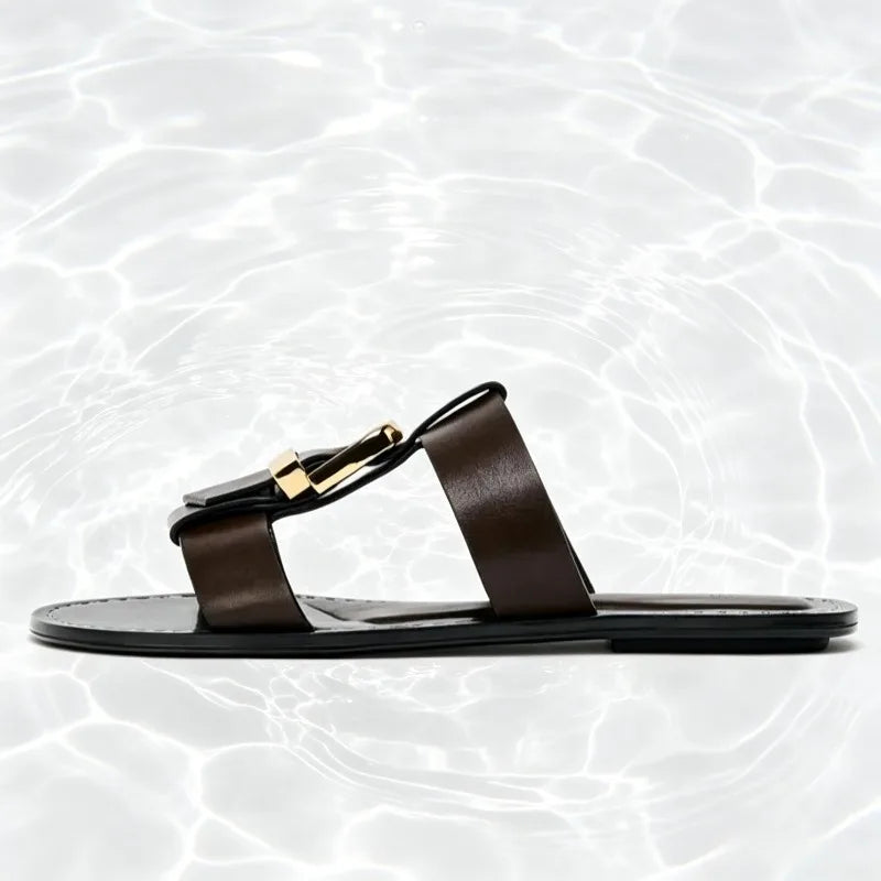 Fashion Metal Buckle Decoration Flat Sandal Women Unique Double Narrow Band Design Flats Summer Sexy Open Toe Holiday Beach Shoe
