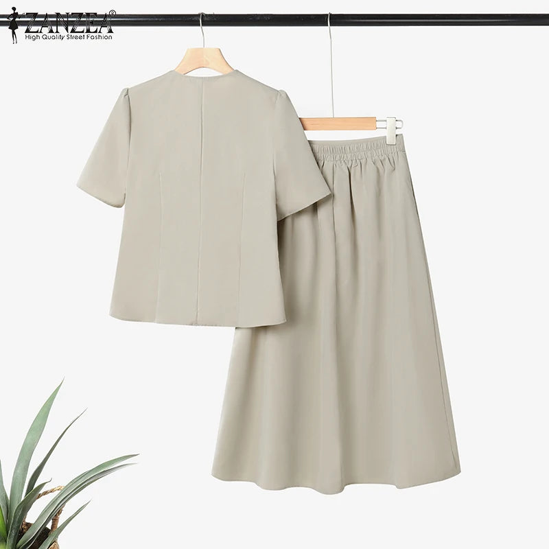 ZANZEA Vintage Outfits Women Fashion Office Dress Sets Solid Shirts A-Line Pleated Maxi Skirts Casual Suits 2025 Matching Sets