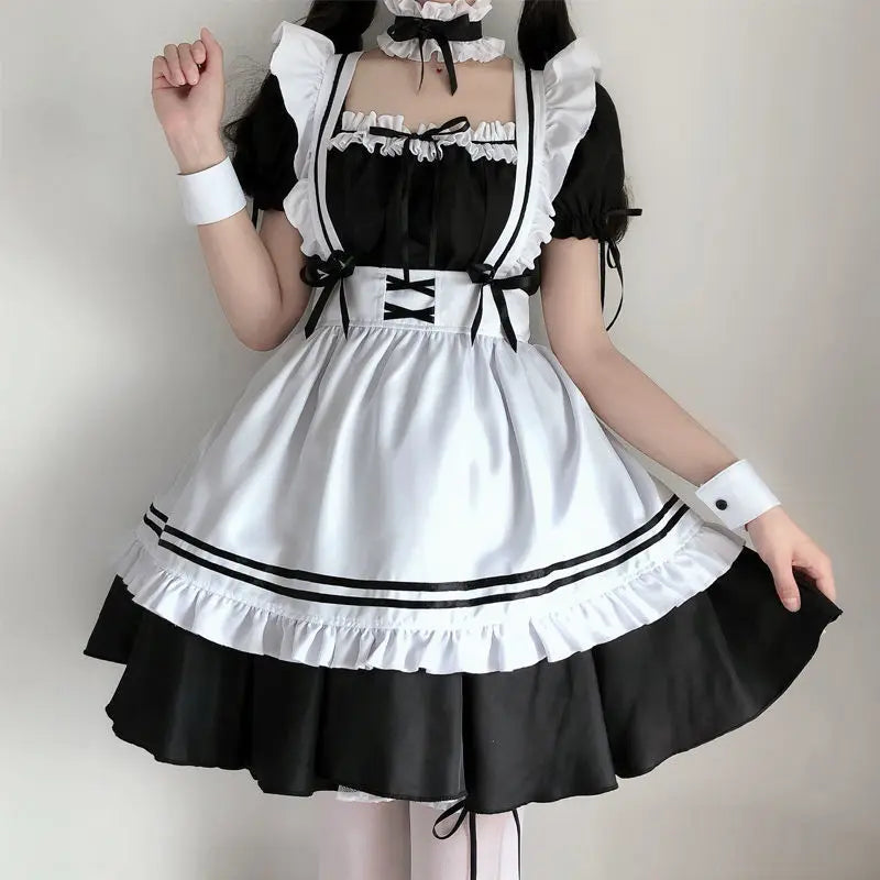 Halloween Maid Set Waiter's Cute Dress Men's Women's Costume Big Character Black and White Style Plus Size Short Sleeved Dress