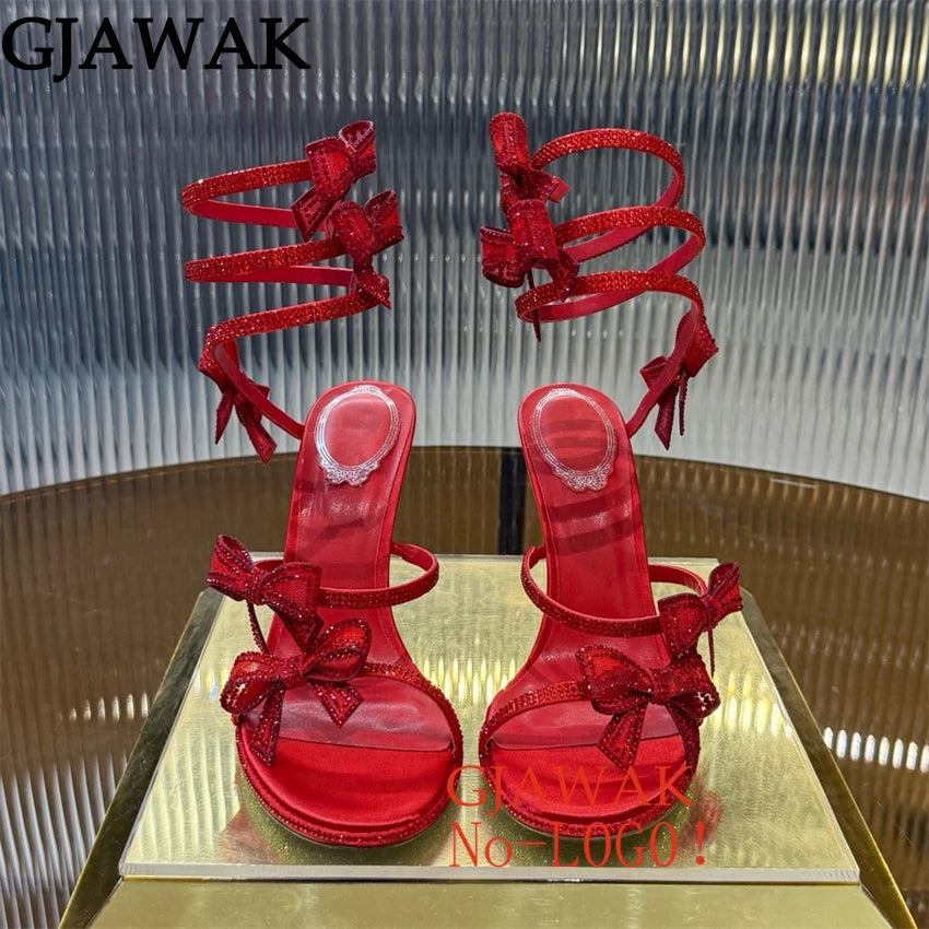 Summer Crystal Bowknot High Heels Sandals Woman Twine Around Ankle Snake Wedding Shoes For Woman Runway Gladiator Sandals Women