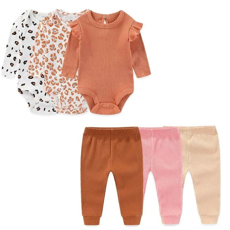 6 Pcs Cotton Bodysuits+Pants Long Sleeve Newborn Baby Girl Clothes Sets Spring Print Baby Boy Clothes Solid Color 0-12M Autumn
