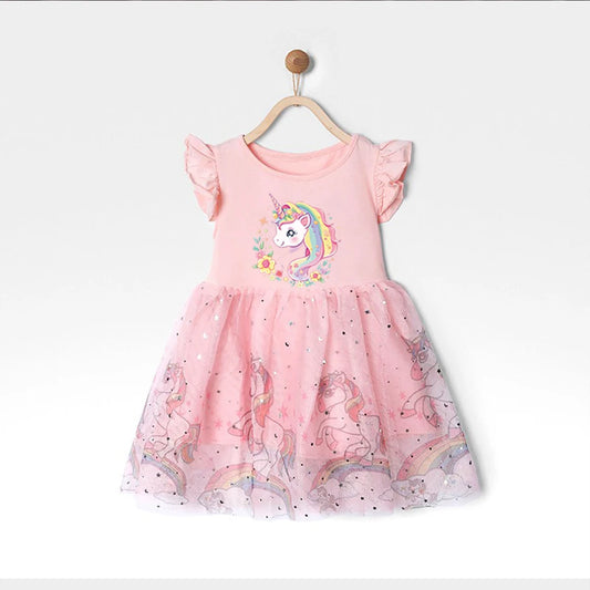 2025 New Princess Dress Unicorn Summer Kids Clothes Birthday Dress Party Short Sleeve Children Rainbow Cute Fashion Dresses