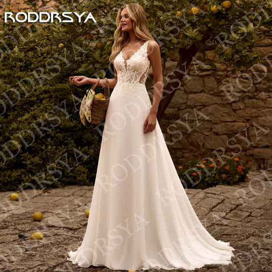 RODDRSYA Elegant V Neck Wedding Dresses for Bride Lace Appliques Chiffon Bohemian Bridal Dress Boho A Line Sleeveless Customized