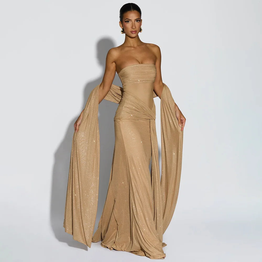 Townlike Slim Bodycon A-line Maxi Long Dress Women 2025 Summer Dress Ribbon Sparkle Glitter Nightclub Sexy Party Dresses