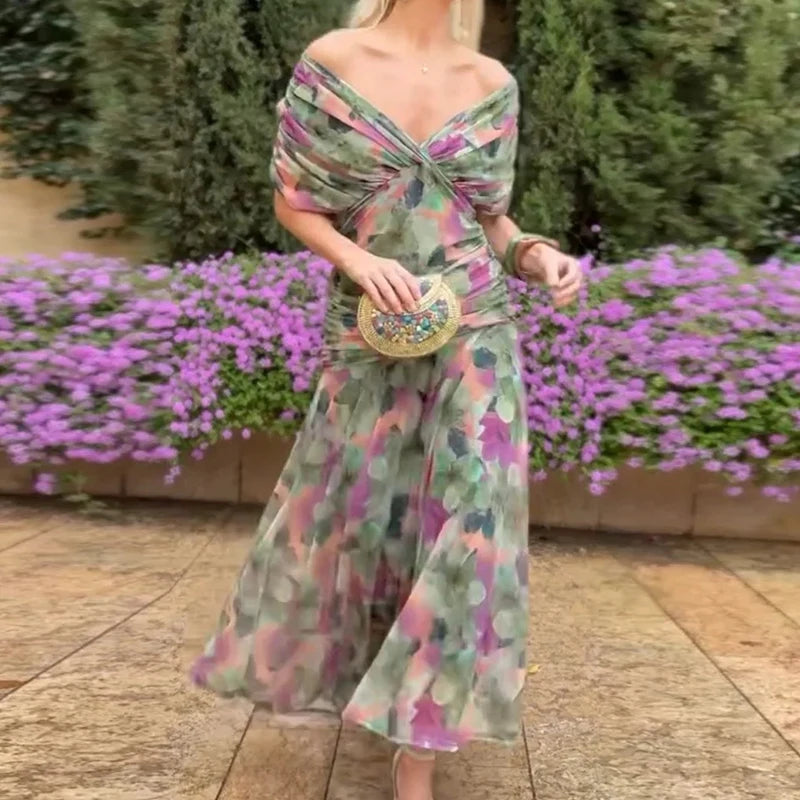 Summer Women Short Sleeve V Neck Sexy Dress, Holiday Female Elegant Fashion Party Dress, 2025 Patchwork Casual Ladies Maxi Dress
