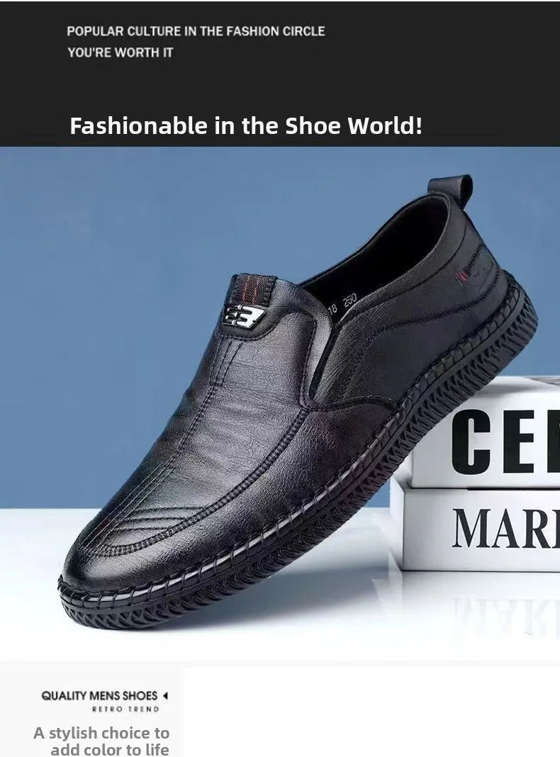 Men's Casual Thick Bottom Soft Sole Leather Shoes Dad Style Versatile Low Top Spring Autumn Season Breathable Slip-On Shoes