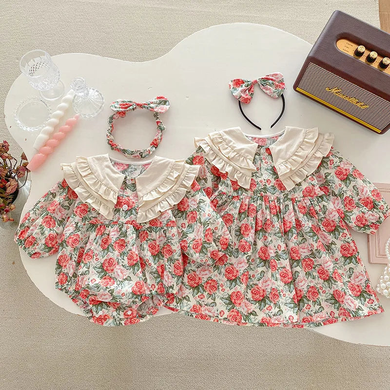 2025 New Spring Baby Sisters Dress 1-5Yrs Girl Party Dress Long Sleeved Cotton Rose Print Romper Sisters Kids Princess Dresses