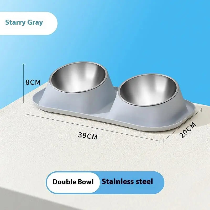 1pc Stainless Steel Double Cat Dog Bowl Cat Food Container Non-slip Base Pet Water Feeder Tilt Safeguard Neck Puppy Cats Bowls
