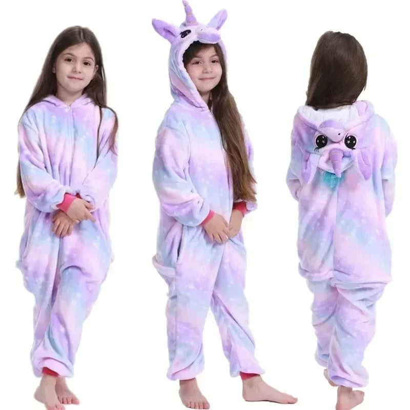 4 6 8 10 12 Years Girls Black Cat Jumpsuits Unicorn Pajamas Kigurumi Toddler Kids Hooded Flannel Home Wear Children Onesie