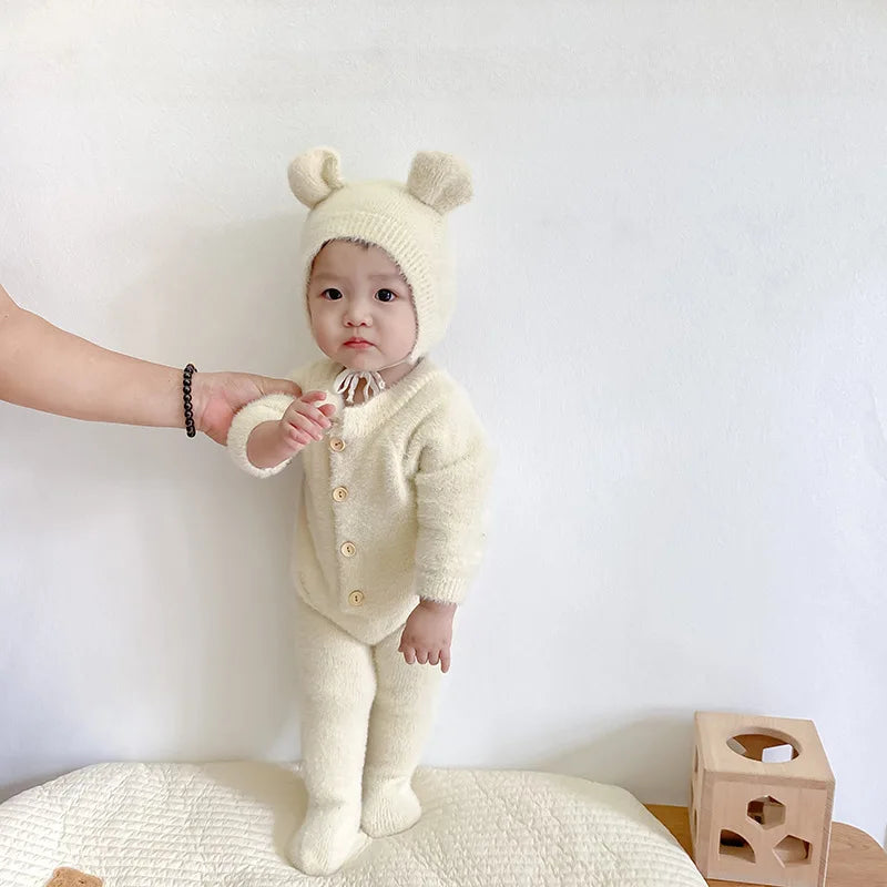 Baby Outfit Newborn Photography Props Mohair Knitted Bear Rompers Footed Jumpsuit Hat 2pcs/Sets Photography Clothing Accessories