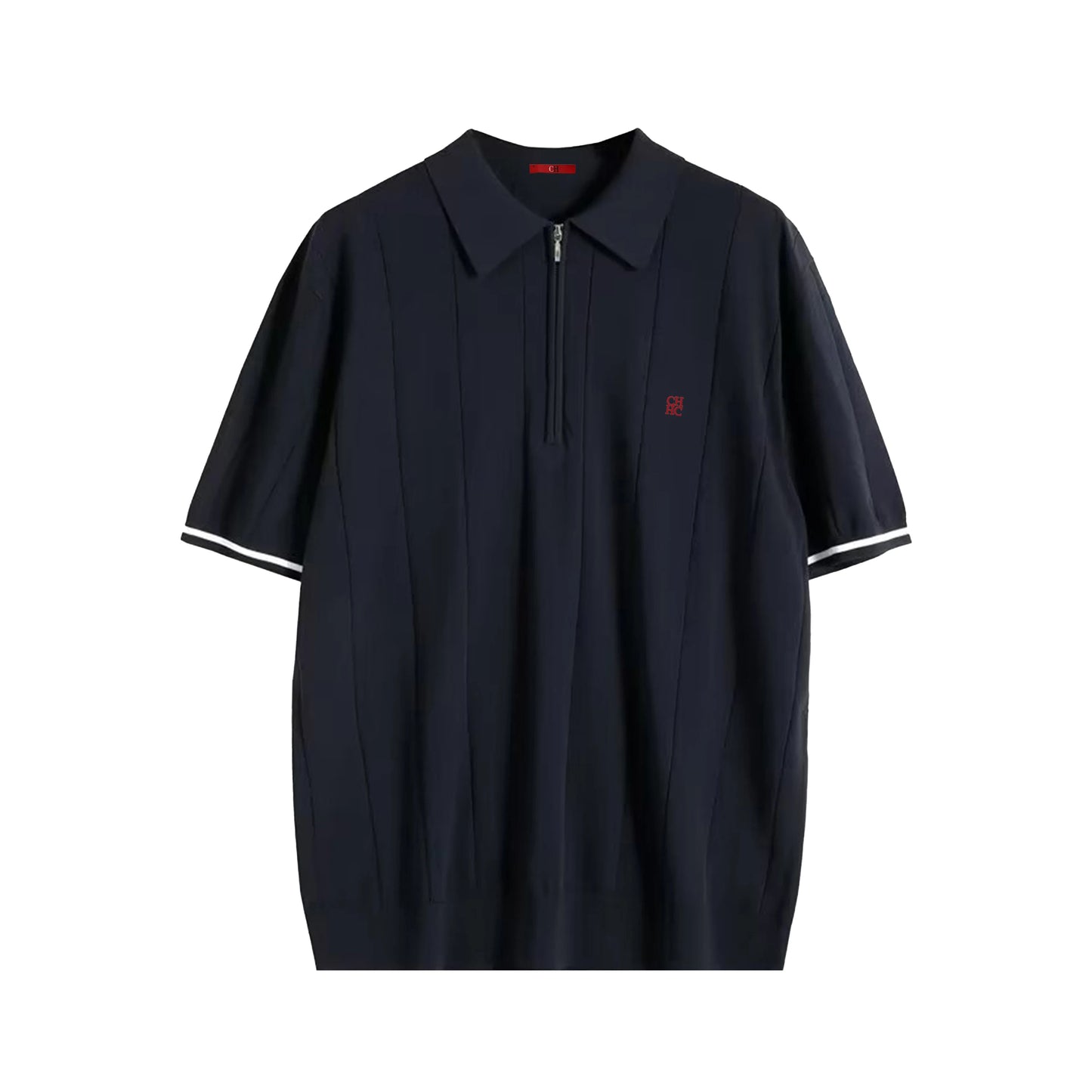 CH Luxury Men Turn Down Collar Knit Polo Half Zipper Vertical Texture Red Logo Embroidery Summer Male Business Gentleman Tee