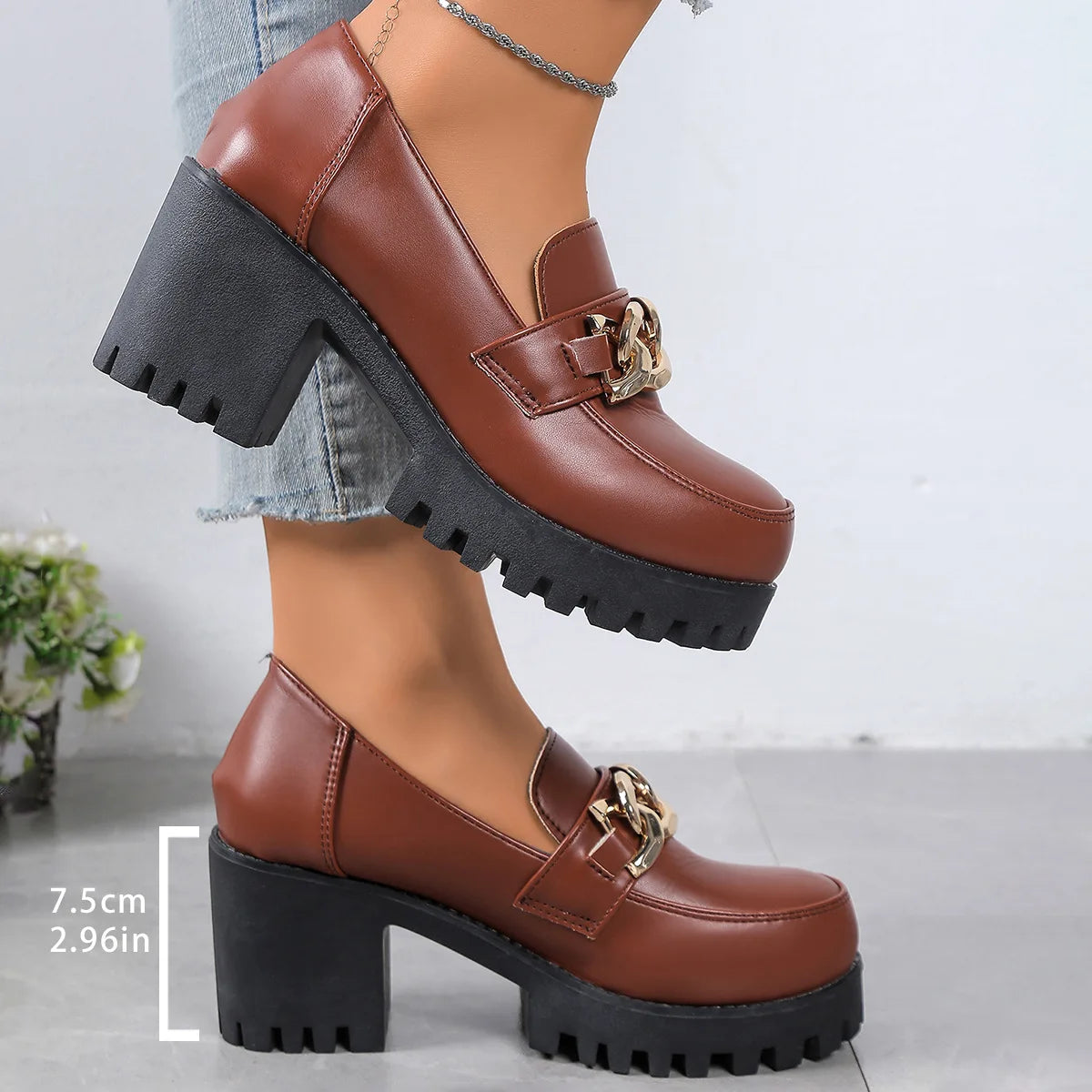 Women's Large Size Thick Heel Slip-On round Toe Leather Shoes Spring Autumn New Style Korean Style PU Leather Mid Heel