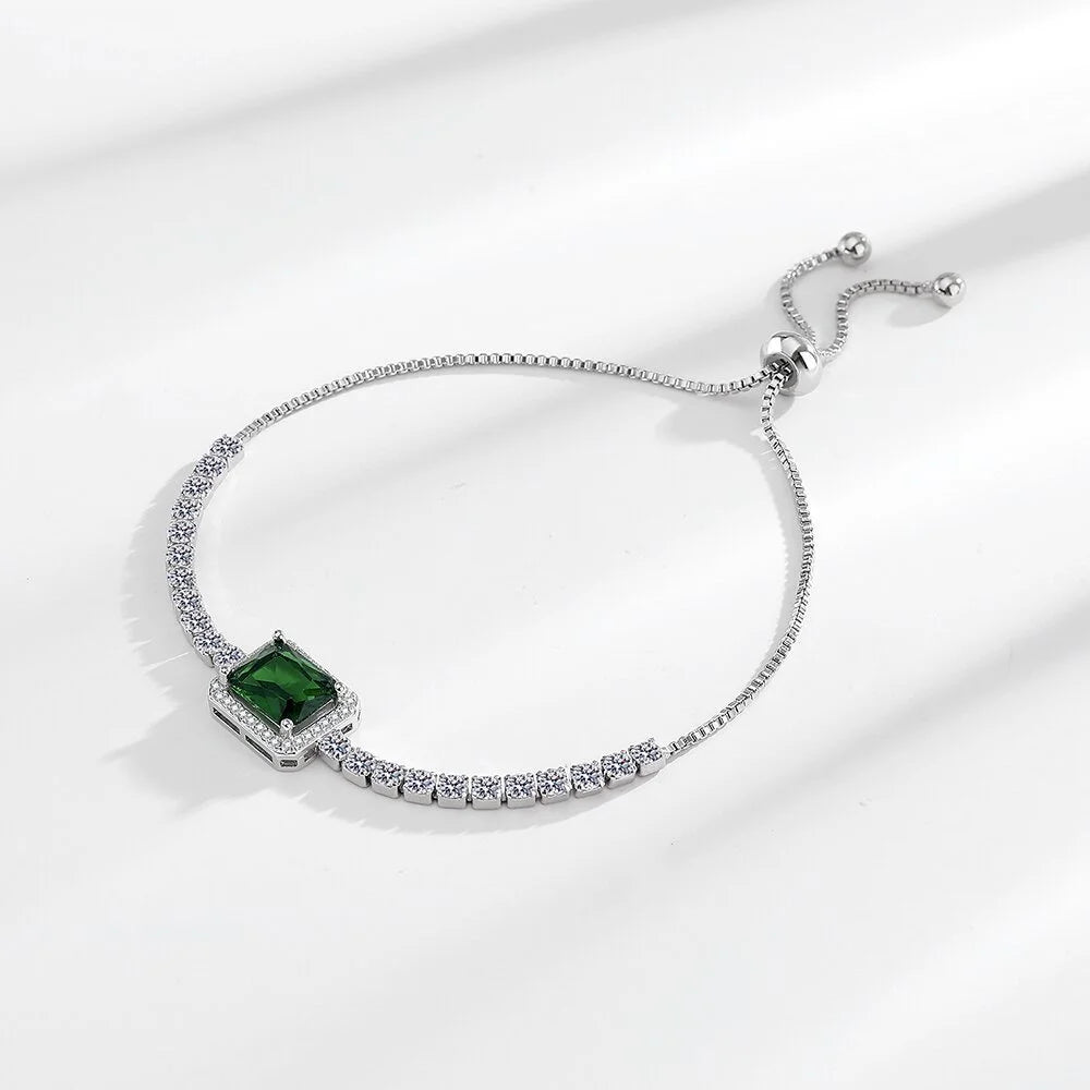 925 Sterling Silver Bracelet, Square Imperial Green Zircon Adjustable Size, Luxury Elegant Jewelry Bracelet For Men And Women
