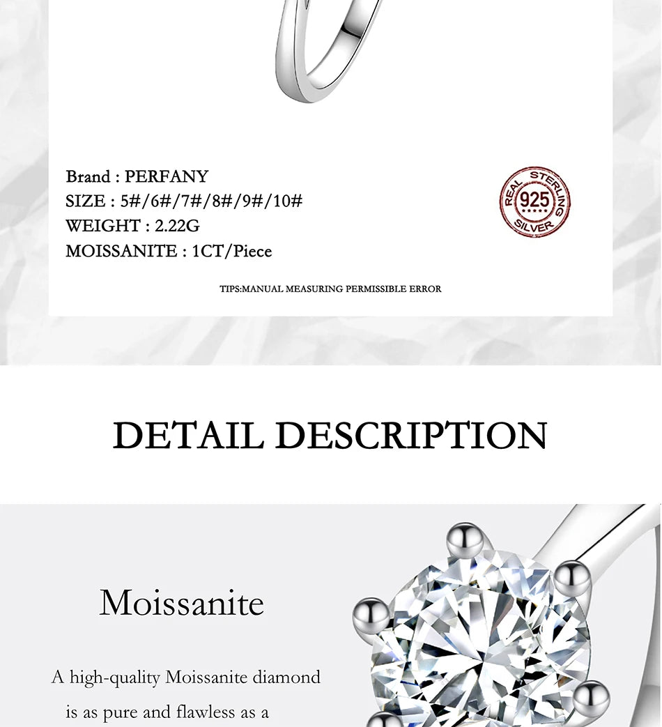 PERMANY 0.3-2CT Moissanite Ring for Women S925 Pure Silver Classic Six Claw Laboratory Diamond Wedding Ring Fashion Jewelry